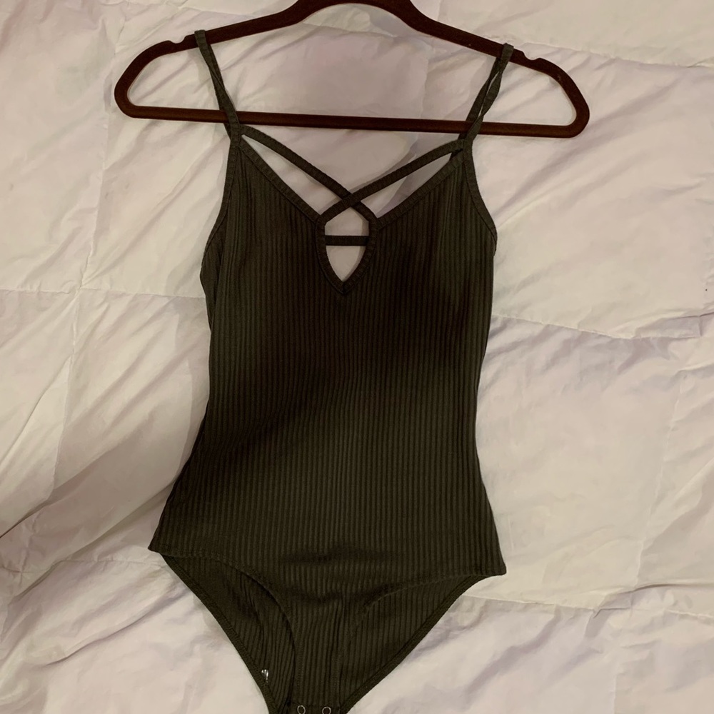 Army green ribbed bodysuit.